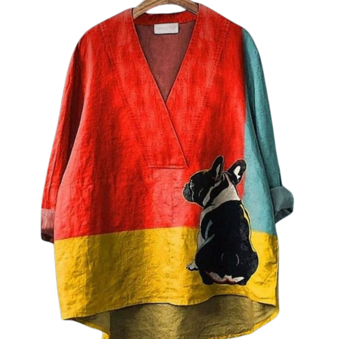 Boldog Shirt with deep V color-blocked red, teal, yellow panels featuring a side-eye Frenchie graphic.