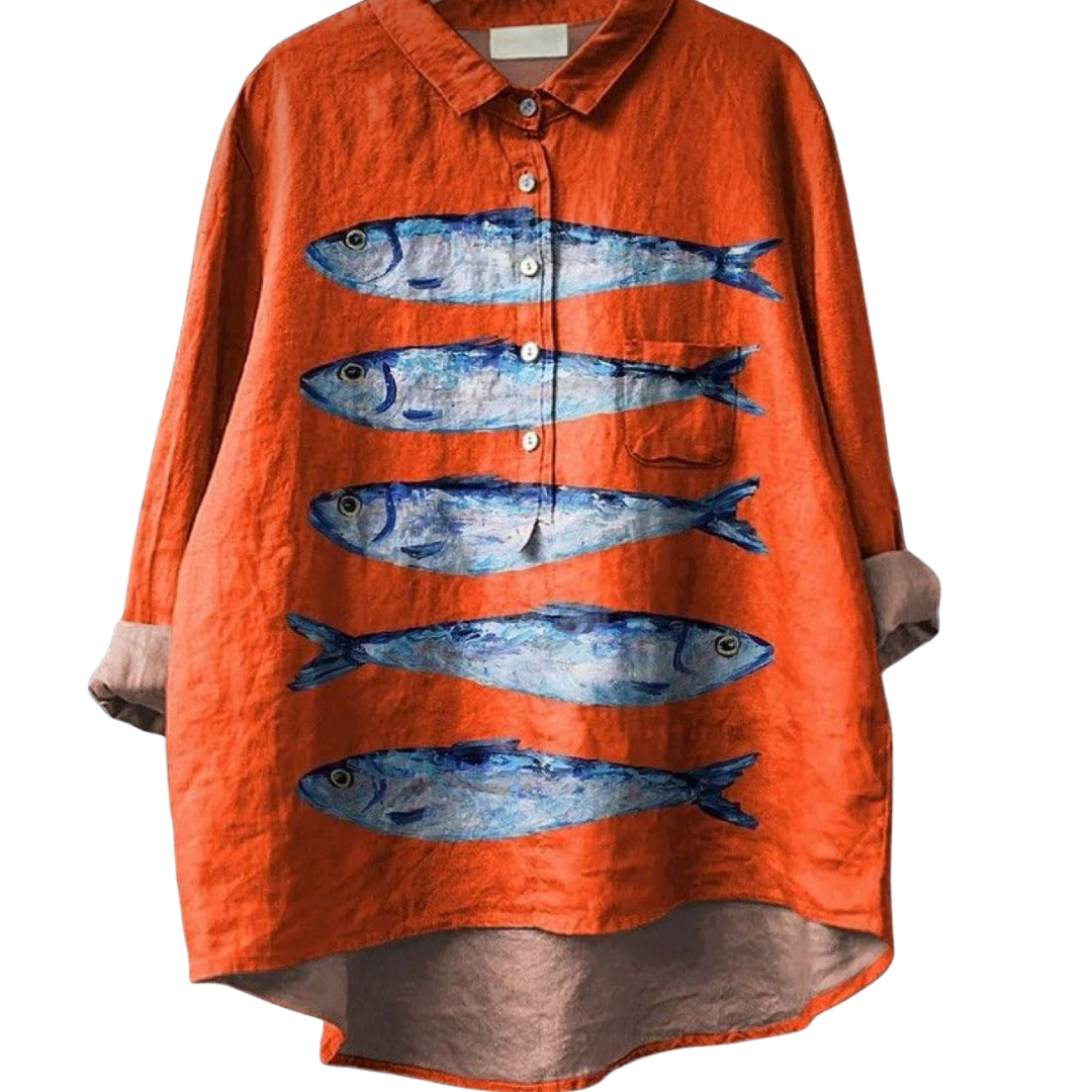 Bright Side of Fish Shirt oversized orange shirt with blue fish design, one fish swimming opposite the rest.