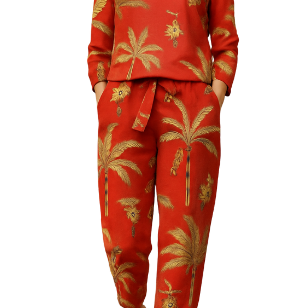 Co-ord of the Wild rust-hued set with golden palm prints, featuring a long-sleeve top and matching tie-waist pants.