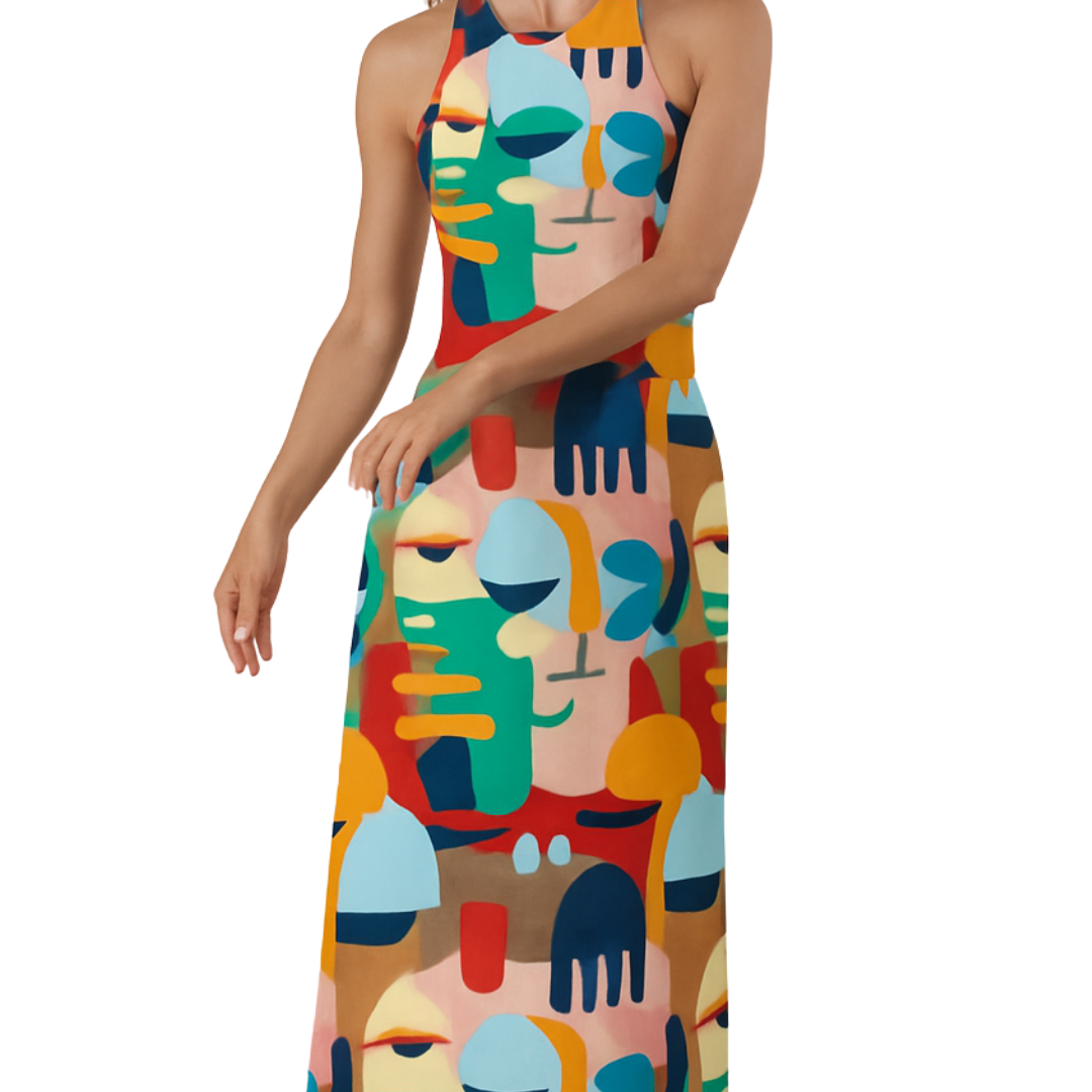 Woman wearing a Colour Rush dress featuring bold abstract faces and vibrant high-contrast hues in a halter-neck maxi style.