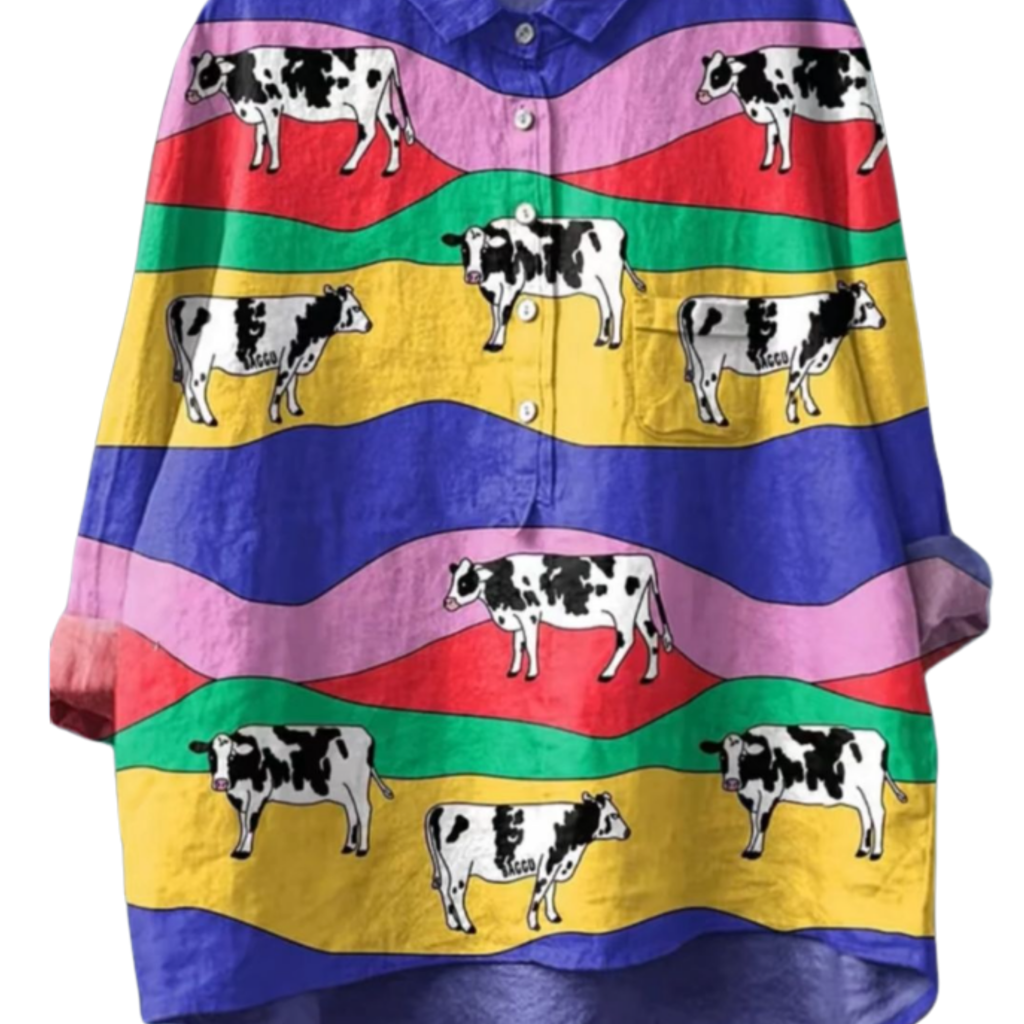 Cownival Shirt oversized with colorful stripes and playful black and white cow prints for a fun fashion statement.