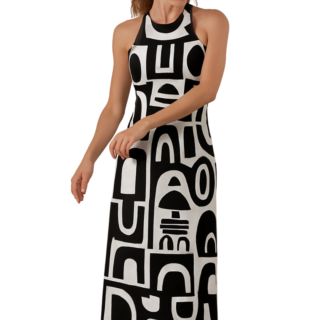 Woman wearing a black and white abstract halter-neck dress with bold shapes, Decode Me Maxi on a white background.