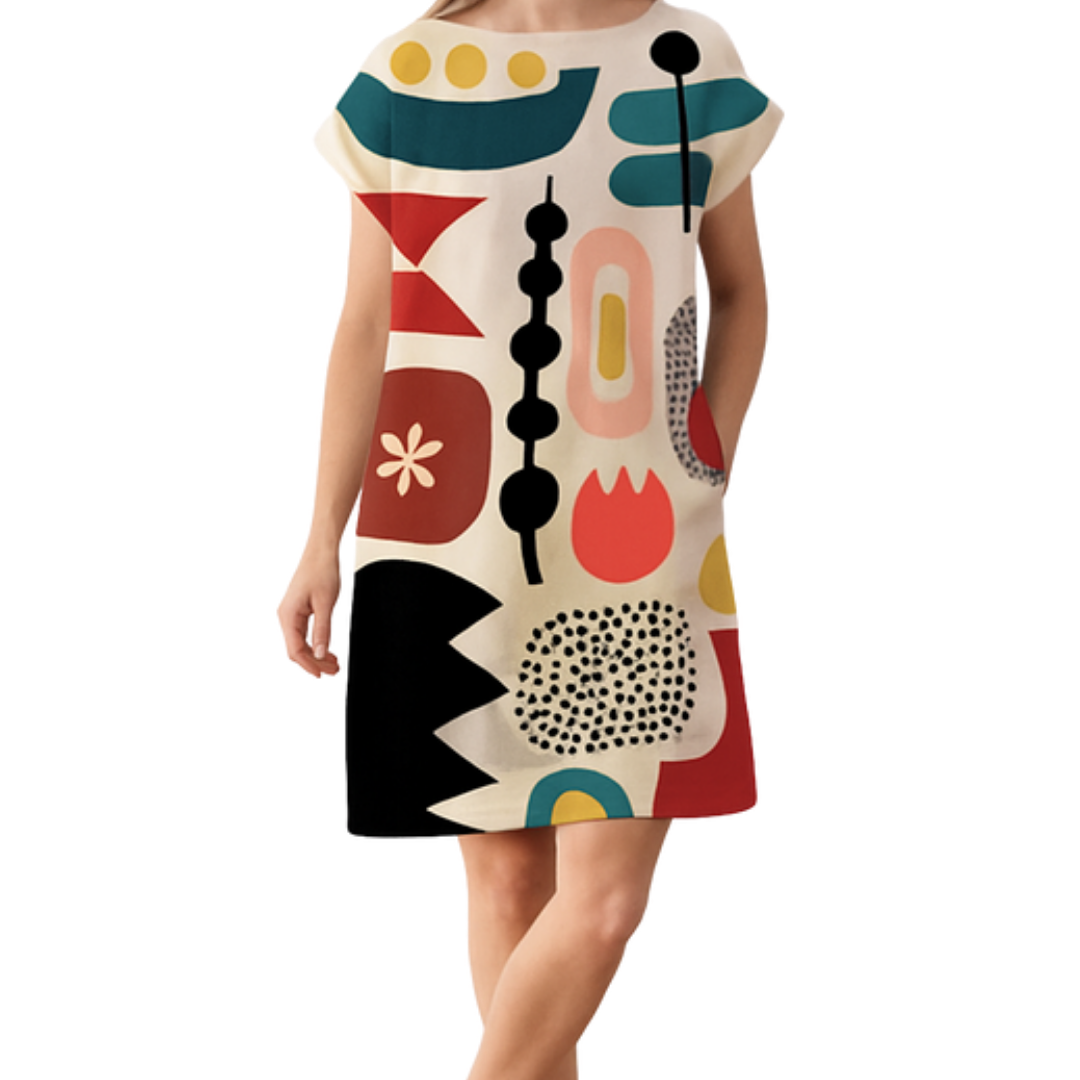 Woman wearing the Dot Dot Dash shift dress with bold geometric shapes and dopamine tones paired with a white hat and sandals