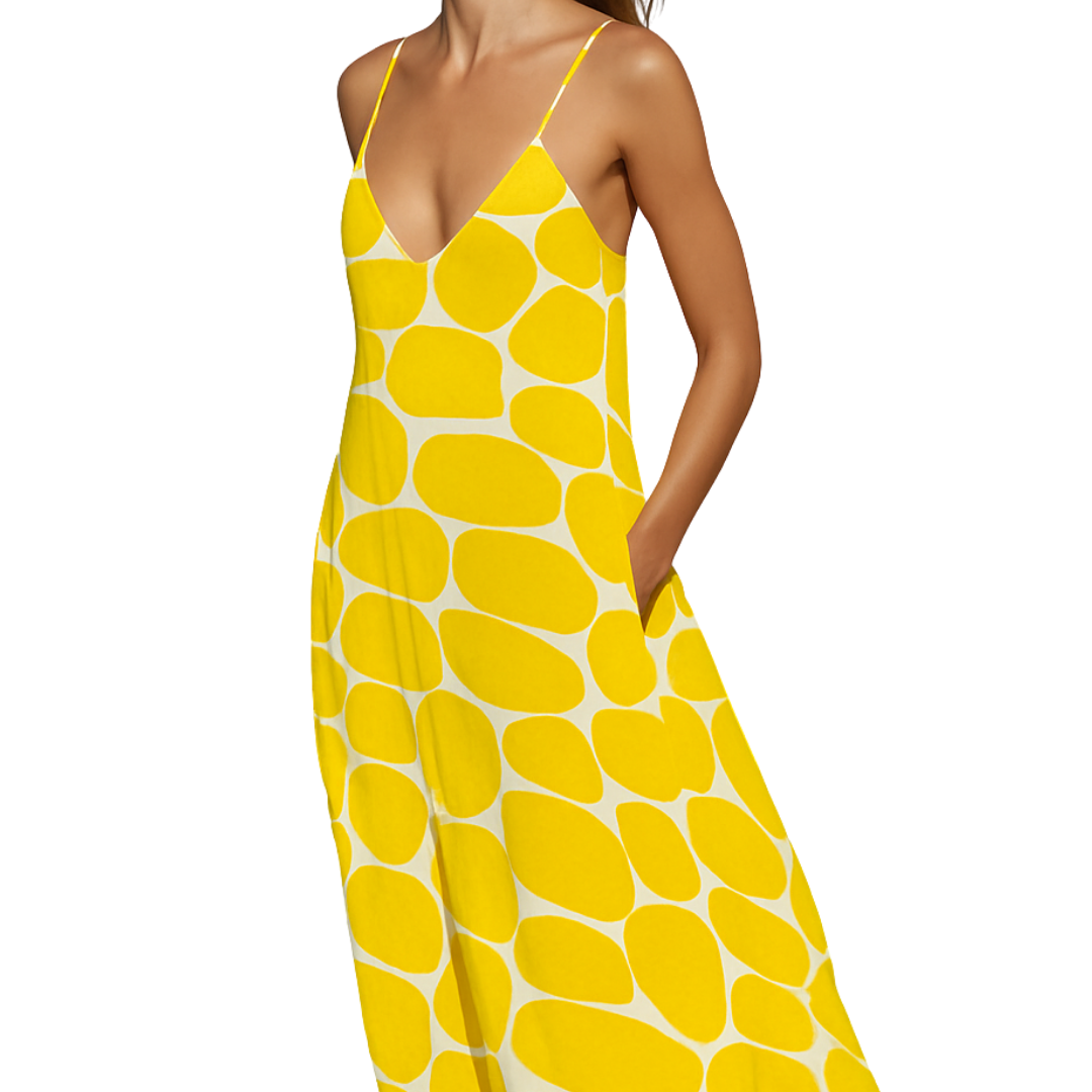 Woman wearing a yellow pebbled print flowy dress with thin straps, titled Hello Yello Maxi, posing with eyes closed.