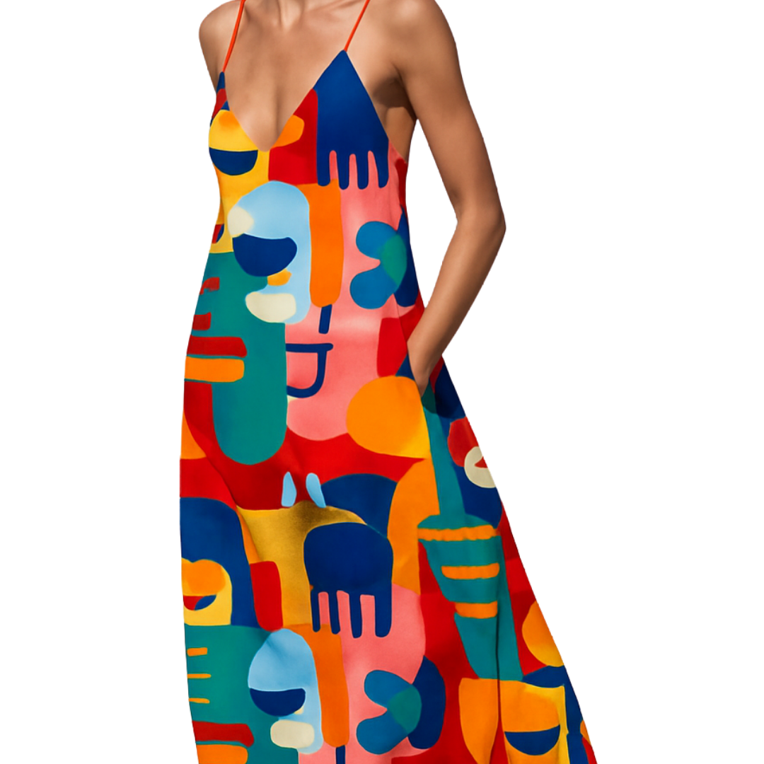 Maxi-malist Mood Dress featuring bold colorful abstract shapes in a relaxed, strappy, flowing maxi silhouette.