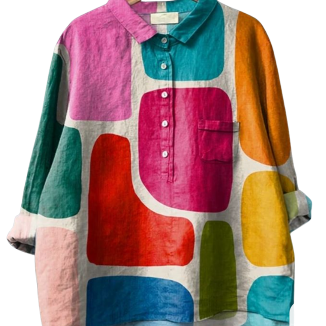 Mood Blocks Shirt oversized with bold colorful rounded blocks and retro hues in a playful patchwork design.