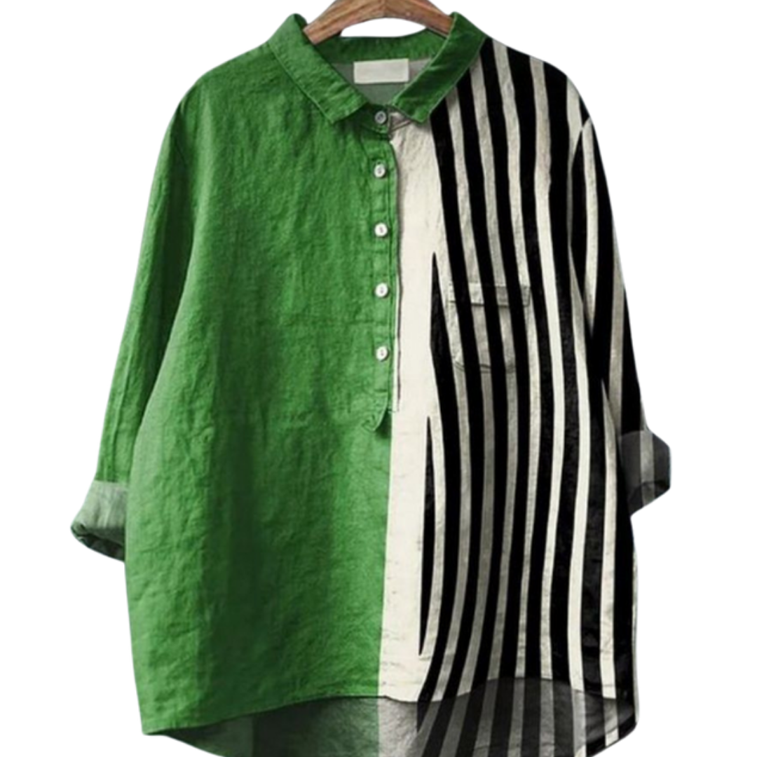 Optical Oddity Shirt with half green solid fabric and half warped black and white vertical stripes design.