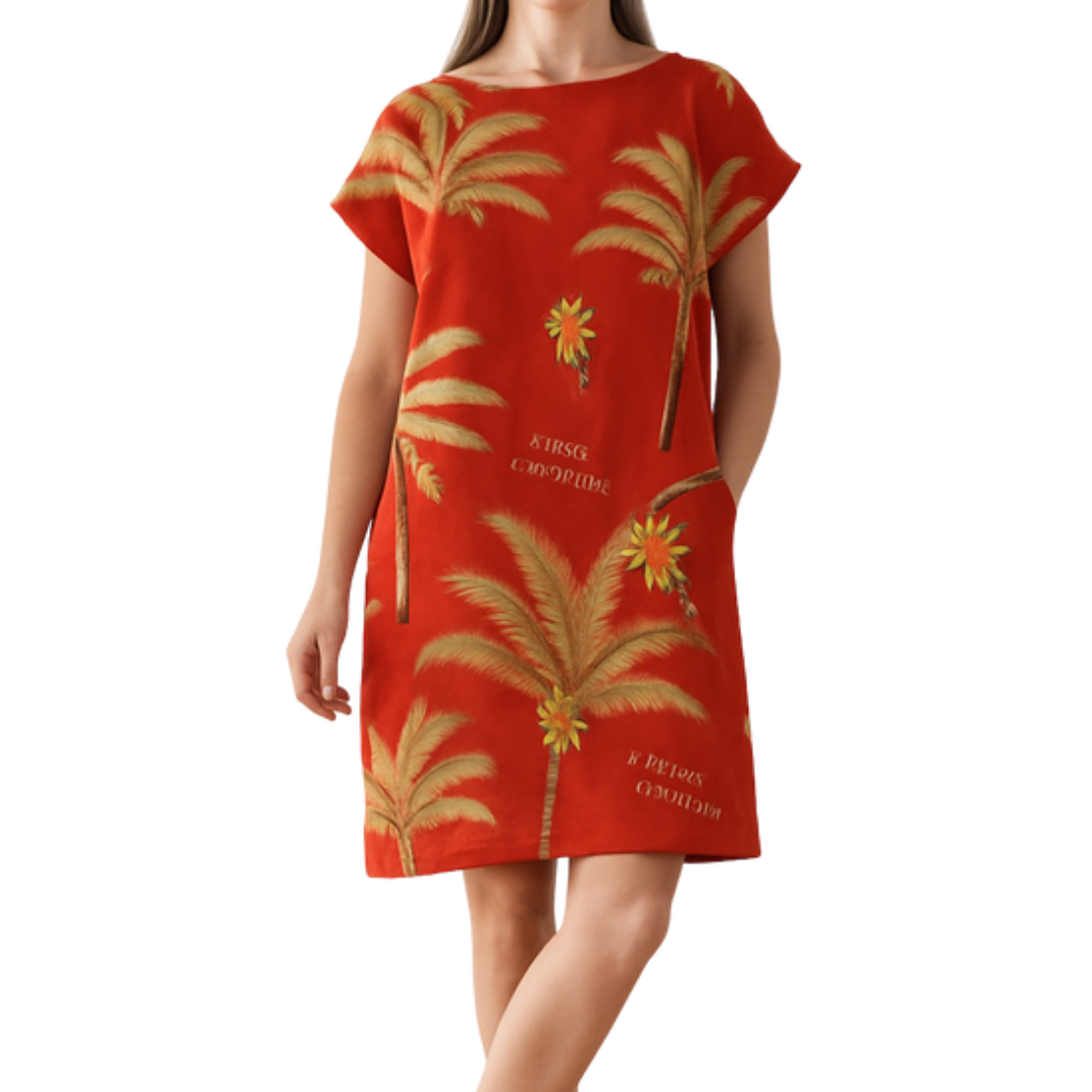 Woman wearing a burnt orange dress with hand-drawn palms titled Palm Before the Storm, paired with white hat and sandals