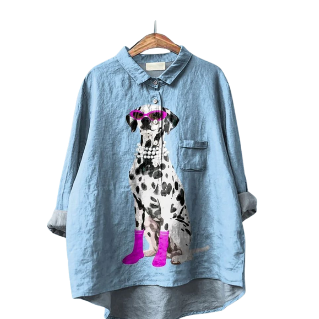 Slaymatian Shirt oversized blue with Dalmatian in pink boots and pearls, perfect for bold fashion lovers.