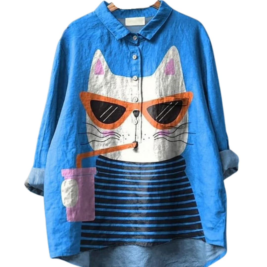 Sippin’ sass Shirt oversized linen blend with cat print wearing sunglasses and sipping drink on blue background