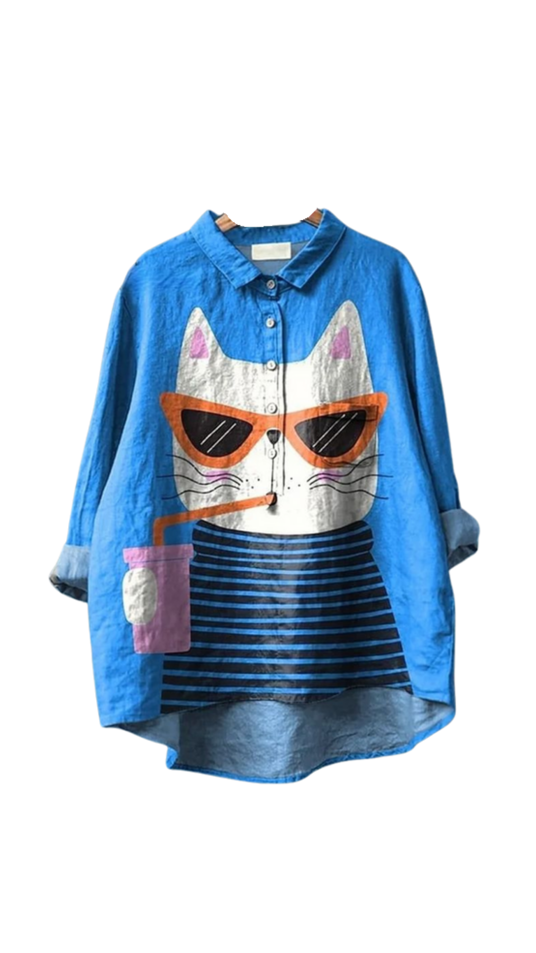 Sippin’ sass Shirt oversized linen blend with cat print wearing sunglasses and sipping drink on blue background