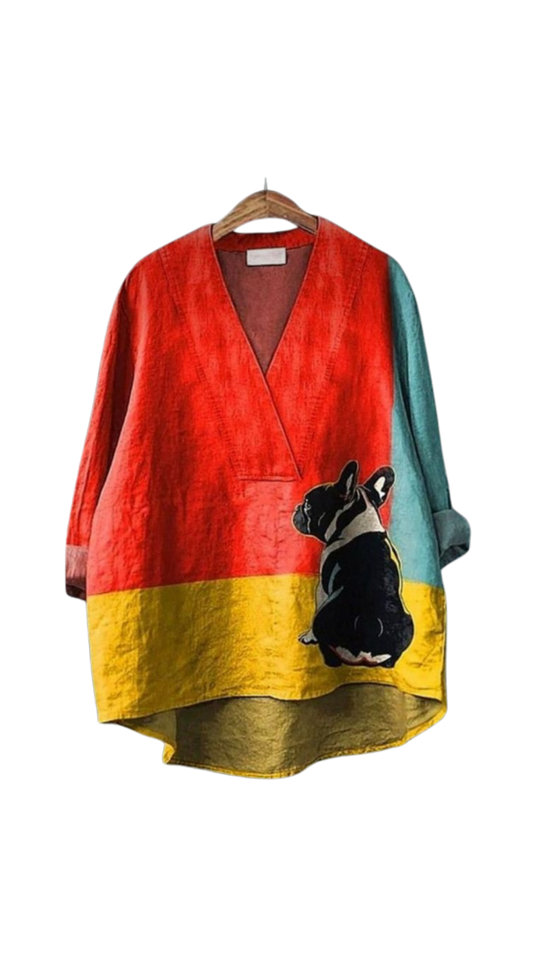 Boldog Shirt with deep V color-blocked red, teal, yellow panels featuring a side-eye Frenchie graphic.