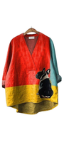 Boldog Shirt with deep V color-blocked red, teal, yellow panels featuring a side-eye Frenchie graphic.