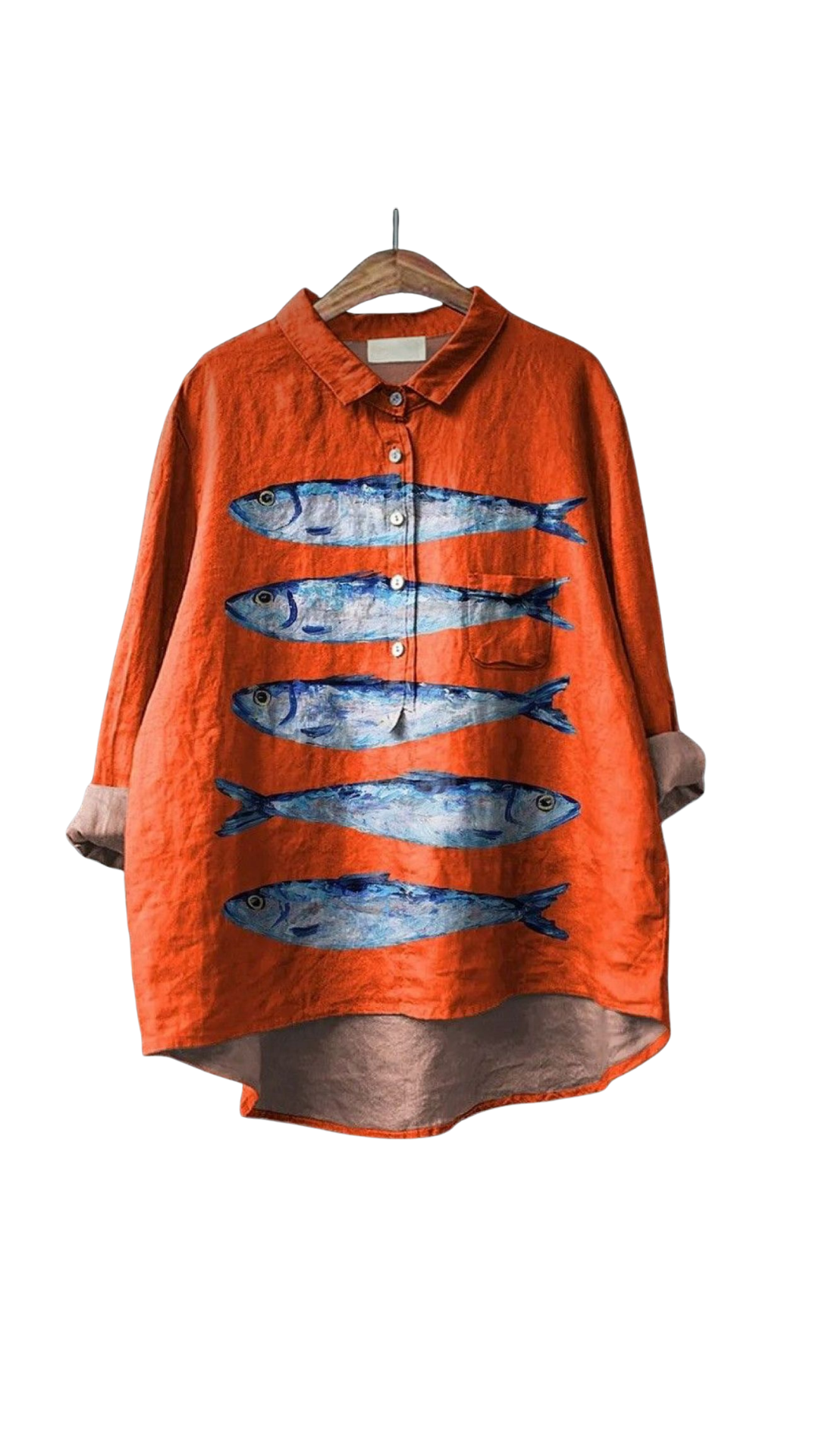 Bright Side of Fish Shirt oversized orange shirt with blue fish design, one fish swimming opposite the rest.