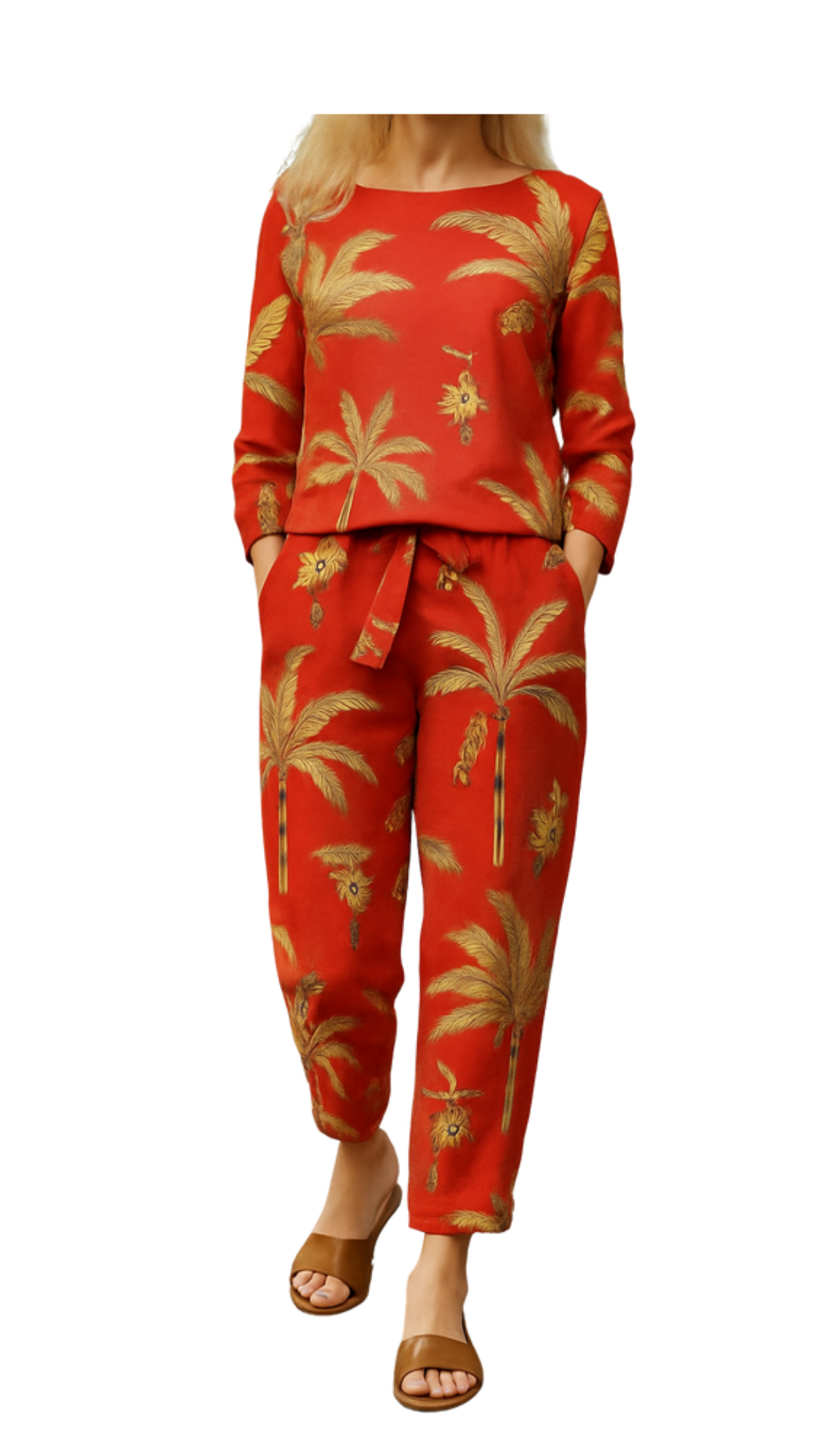 Co-ord of the Wild rust-hued set with golden palm prints, featuring a long-sleeve top and matching tie-waist pants.