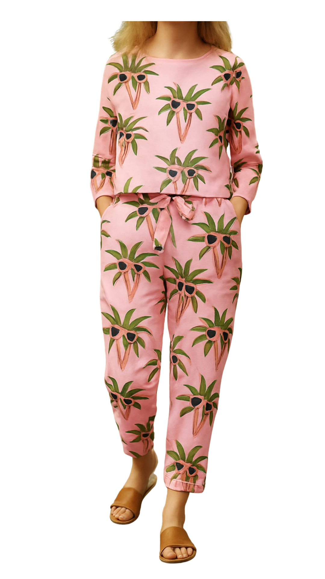 Cool Palms women cord sets featuring a pink top and pants with green palm trees wearing sunglasses print.