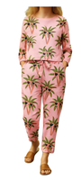 Cool Palms women cord sets featuring a pink top and pants with green palm trees wearing sunglasses print.