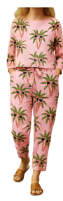 Cool Palms women cord sets featuring a pink top and pants with green palm trees wearing sunglasses print.