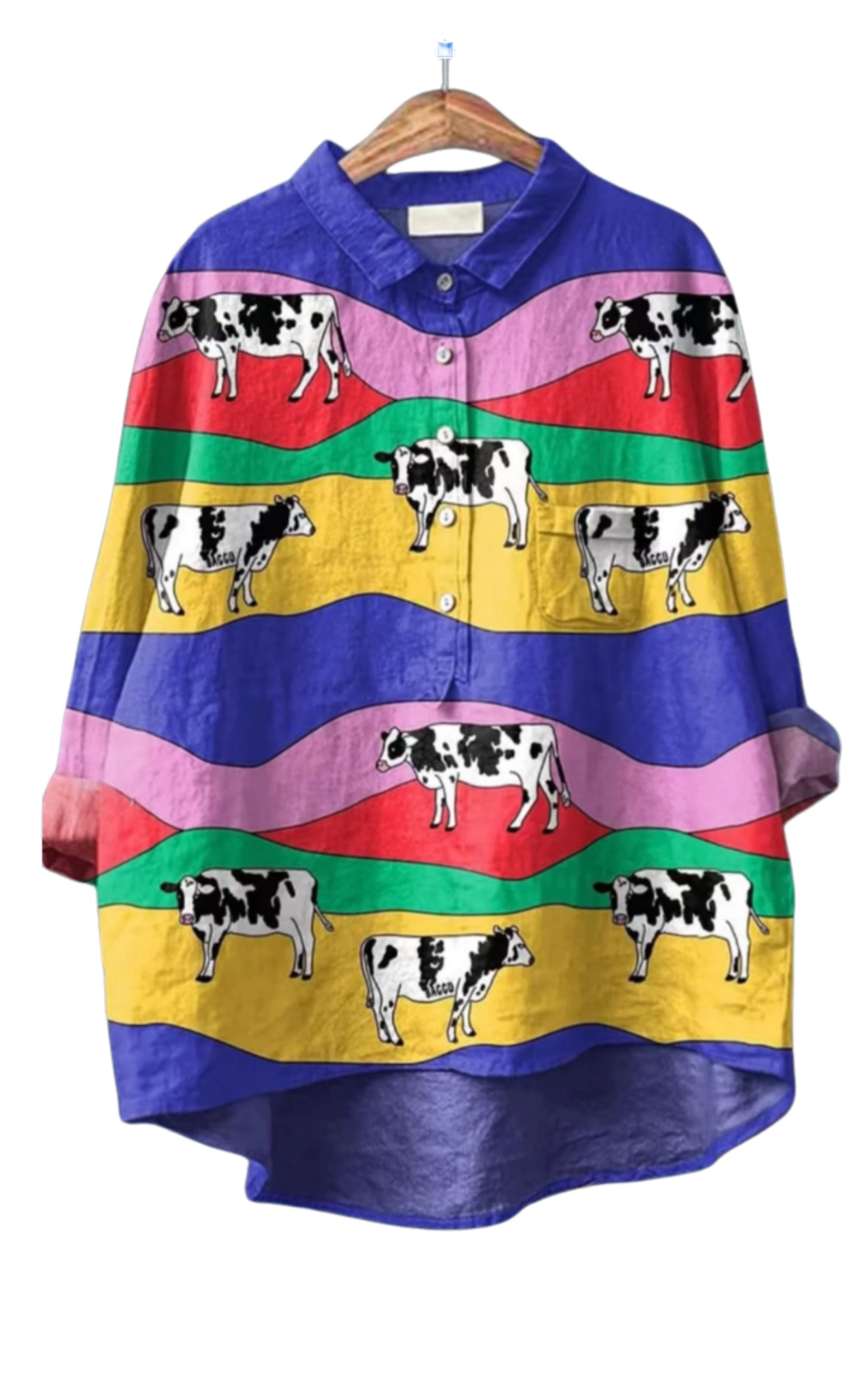 Cownival Shirt oversized with colorful stripes and playful black and white cow prints for a fun fashion statement.