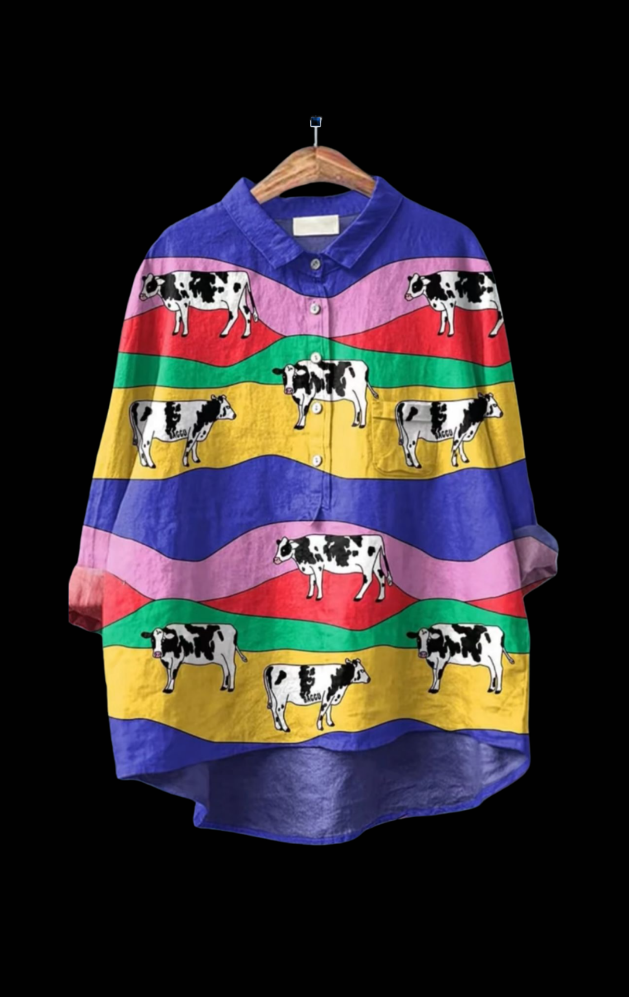 Cownival Shirt oversized button-up with colorful stripes and playful cow prints for bold and fun fashion statements.