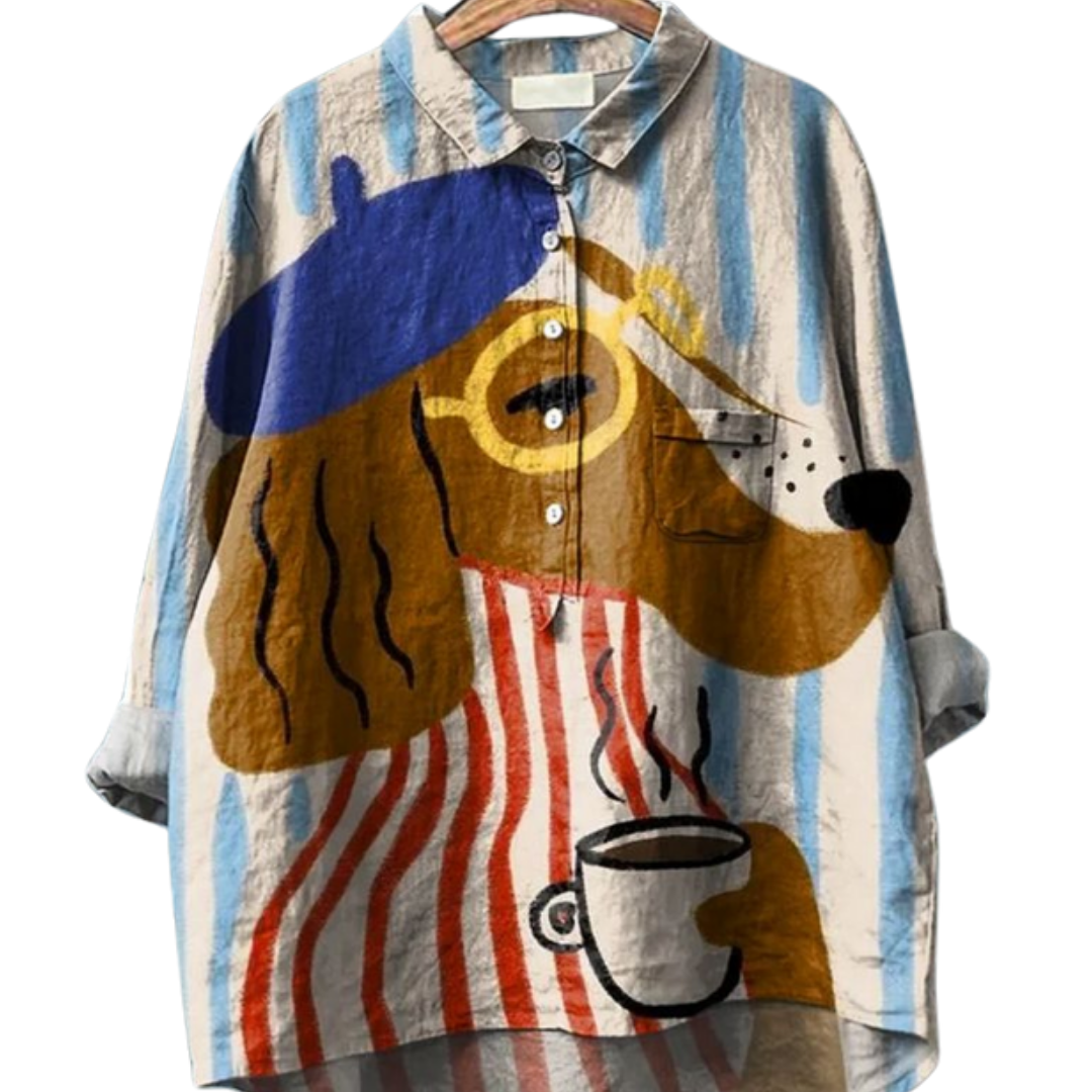 Dog Days & Lattés Shirt featuring a dog in a beret with bold stripes holding a steaming cup on a linen oversized shirt.