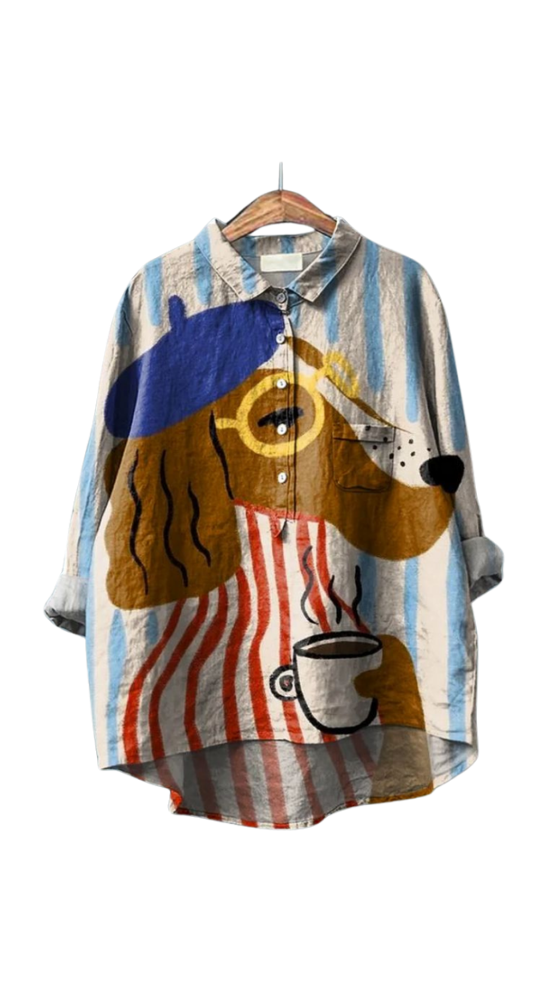 Dog Days & Lattés Shirt featuring a dog in a beret with bold stripes holding a steaming cup on a linen oversized shirt.
