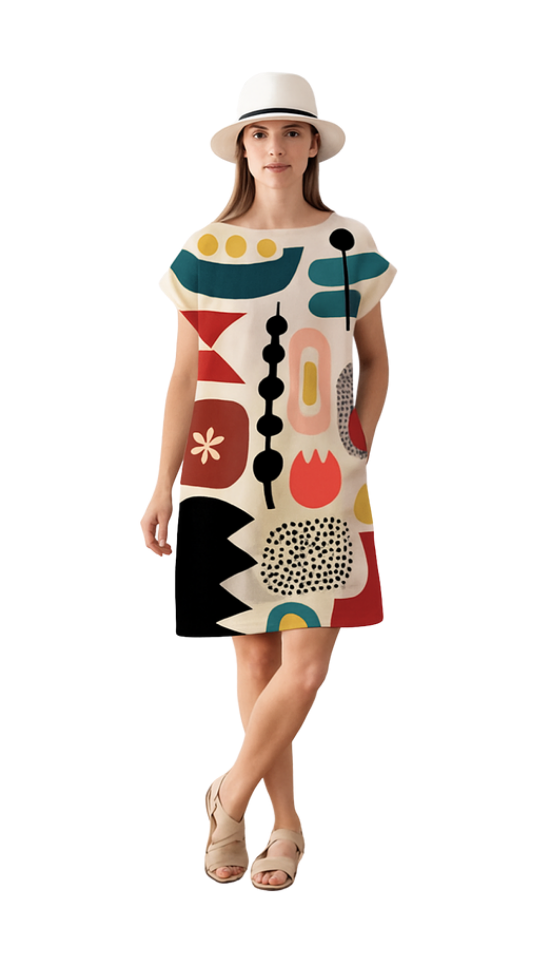 Woman wearing the Dot Dot Dash shift dress with bold geometric shapes and dopamine tones paired with a white hat and sandals