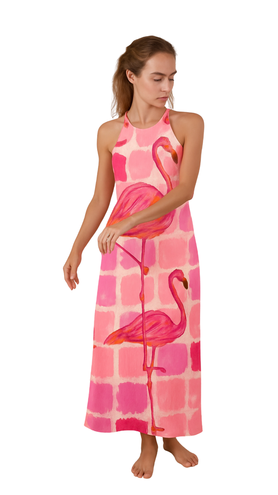 Woman wearing FlaminGlow Maxi halter-neck dress with bold pink flamingo print on a dreamy pink grid background