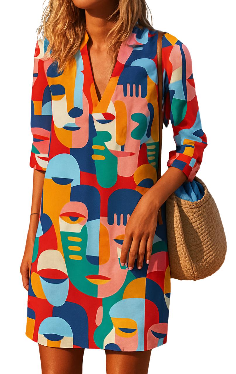 Gallery Glitch Dress featuring colorful abstract faces with a relaxed fit, quarter sleeves, and a V-neckline.