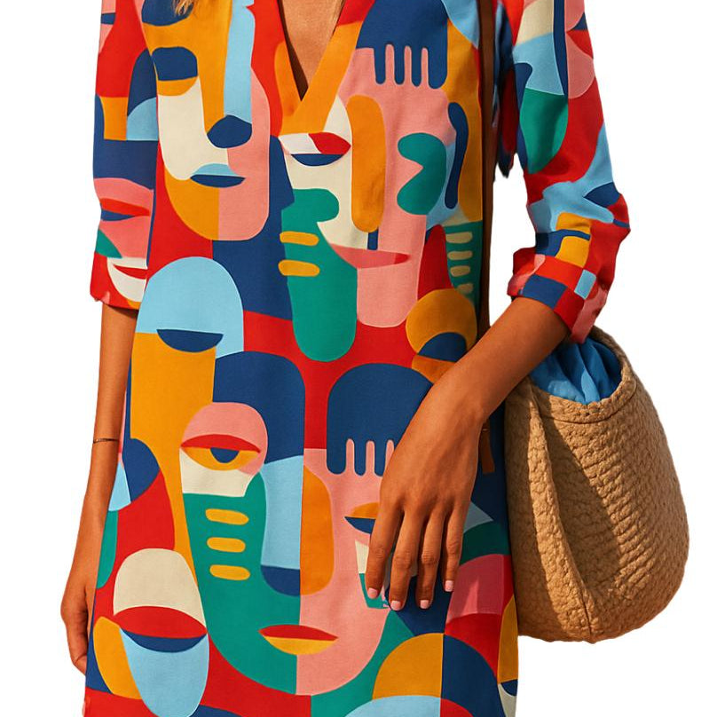 Gallery Glitch Dress featuring colorful abstract faces with a relaxed fit, quarter sleeves, and a V-neckline.