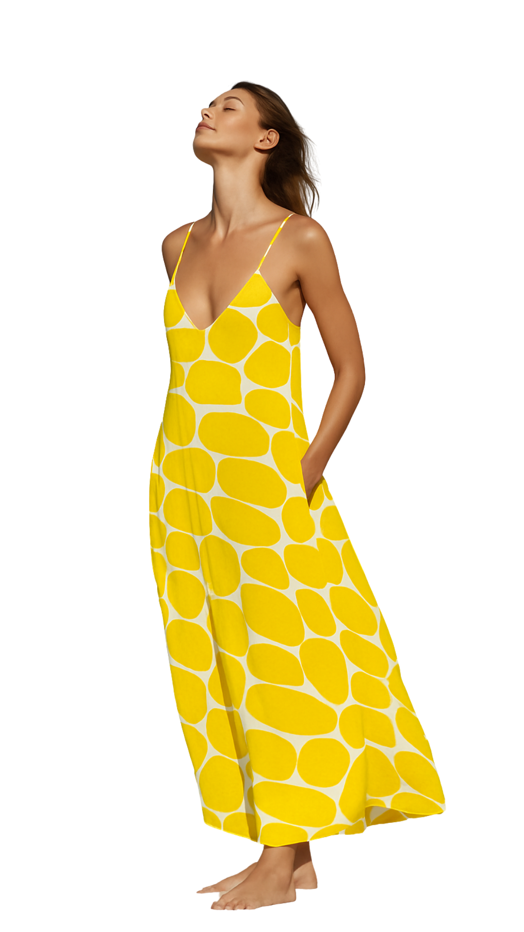 Woman wearing a yellow pebbled print flowy dress with thin straps, titled Hello Yello Maxi, posing with eyes closed.