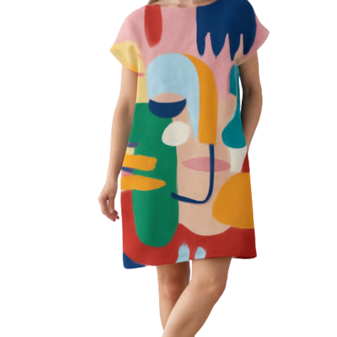 Woman wearing colorful abstract faces and bold blocks dress titled Let's Face It Dress with white hat and sandals