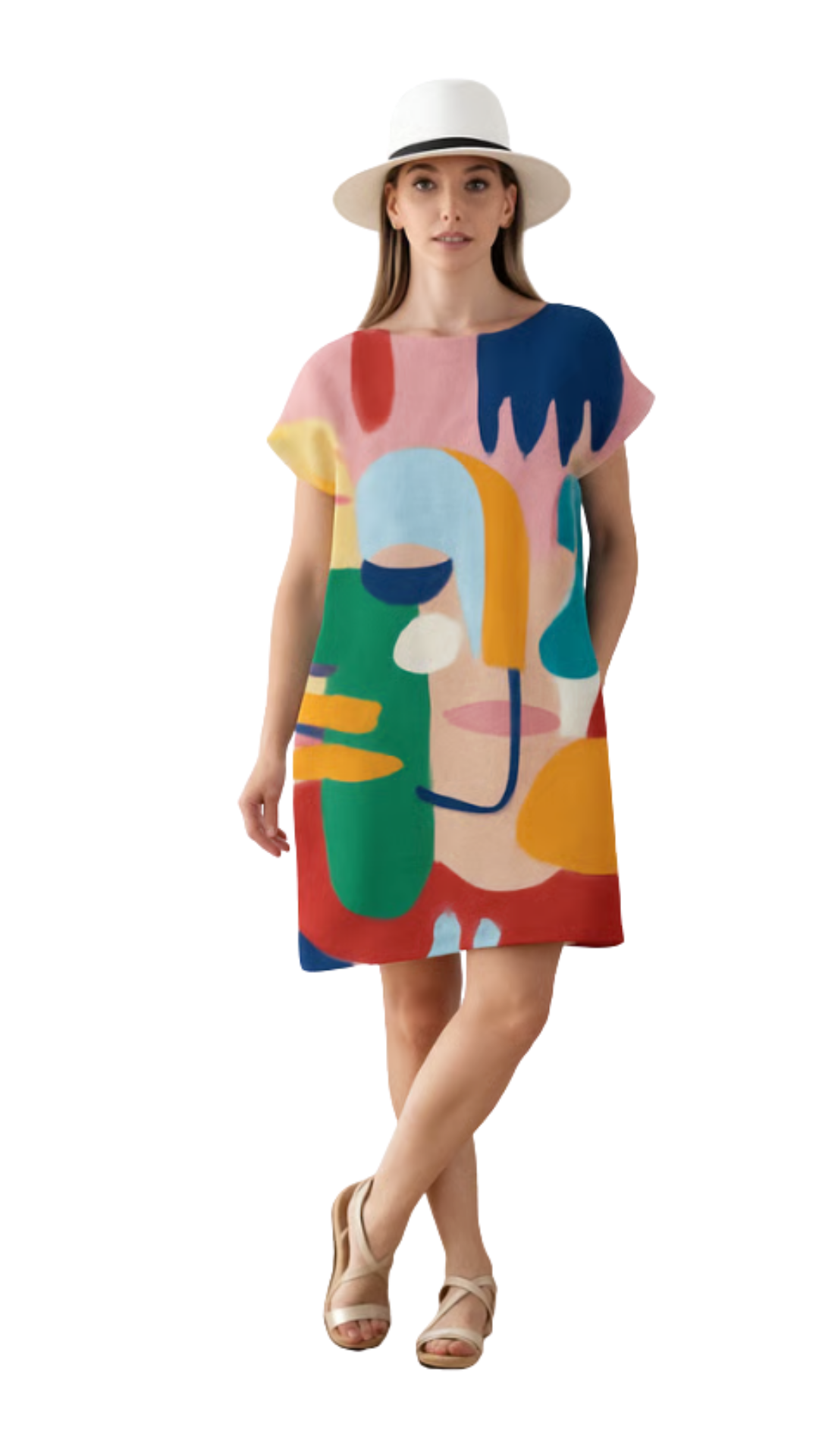 Woman wearing colorful abstract faces and bold blocks dress titled Let's Face It Dress with white hat and sandals