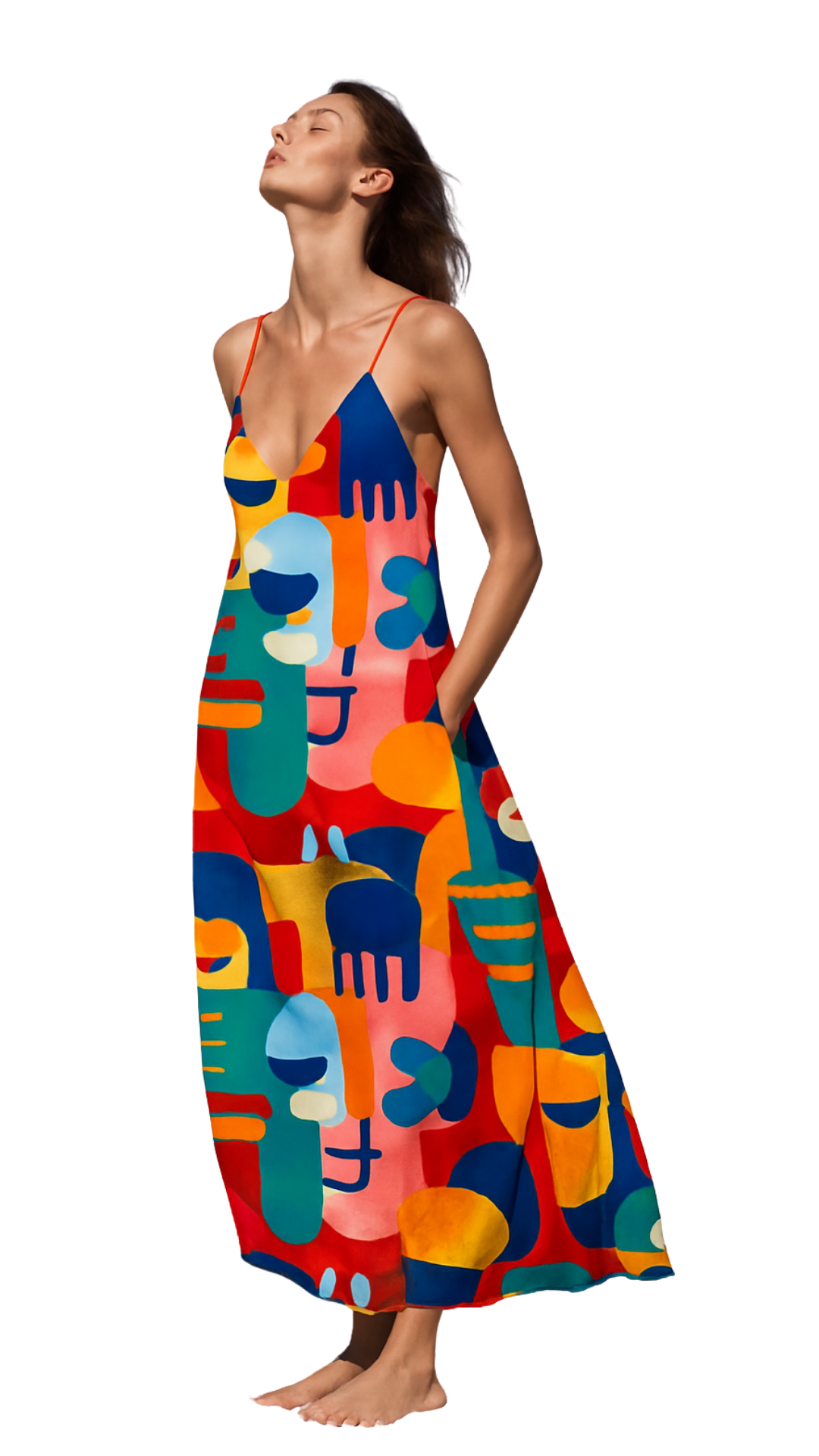 Maxi-malist Mood Dress featuring bold colorful abstract shapes in a relaxed, strappy, flowing maxi silhouette.