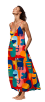 Maxi-malist Mood Dress featuring bold colorful abstract shapes in a relaxed, strappy, flowing maxi silhouette.