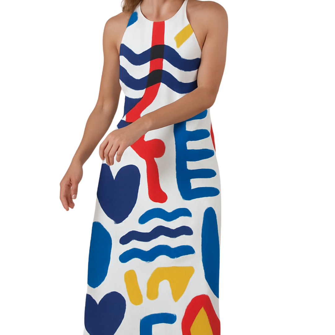 Maxi Cipher halter maxi dress with bold shapes, waves, hearts, and cryptic letters in red, blue, and yellow colors.