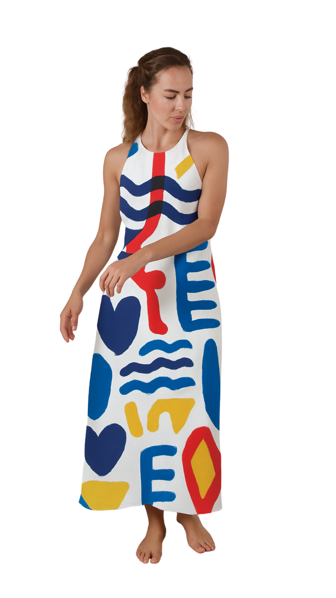 Maxi Cipher halter maxi dress with bold shapes, waves, hearts, and cryptic letters in red, blue, and yellow colors.