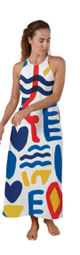 Maxi Cipher halter maxi dress with bold shapes, waves, hearts, and cryptic letters in red, blue, and yellow colors.