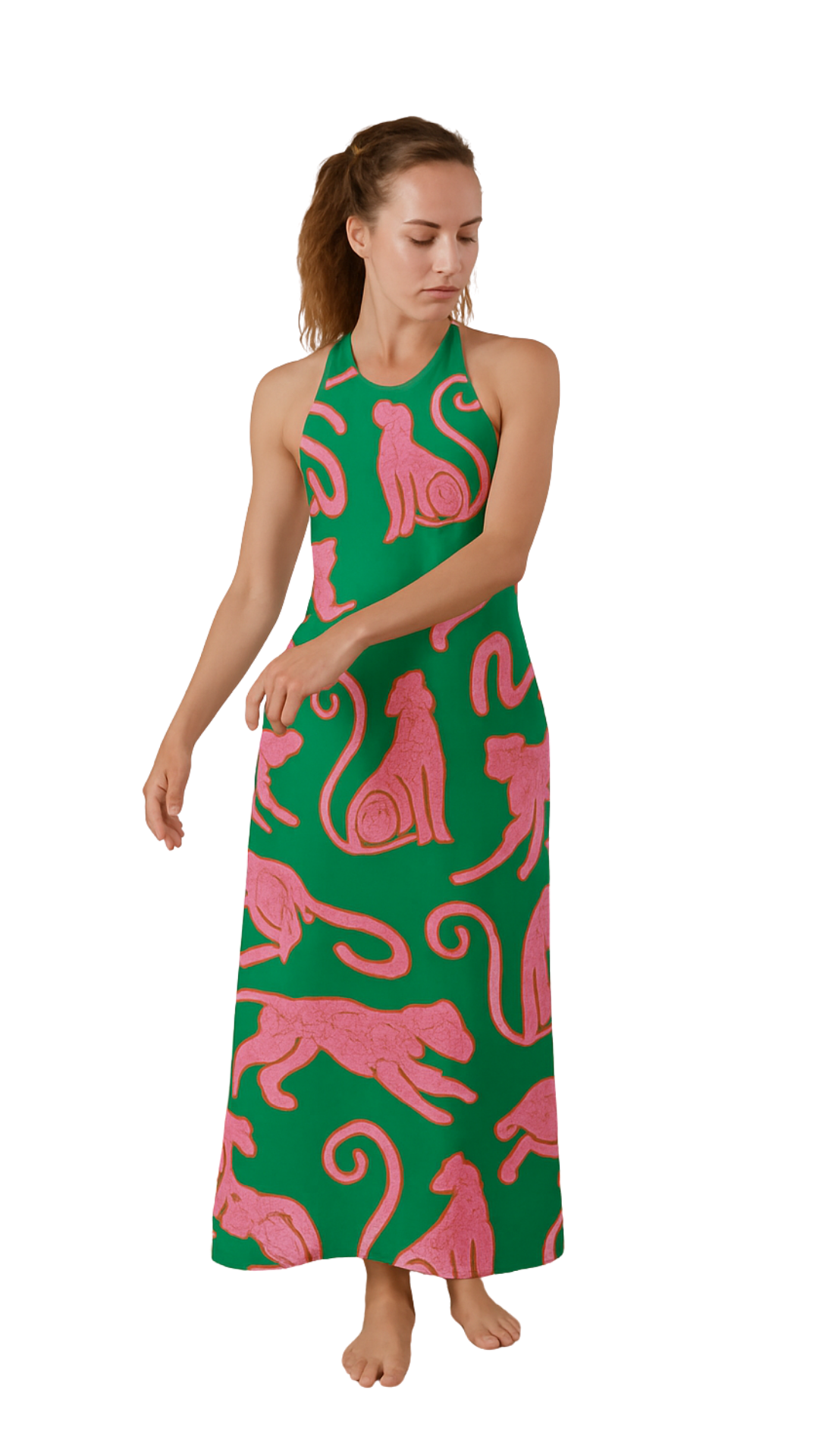 Maxi on the Prowl halter-neck maxi dress with bold pink panthers on green, perfect for making moves and breaking norms.