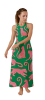 Maxi on the Prowl halter-neck maxi dress with bold pink panthers on green, perfect for making moves and breaking norms.