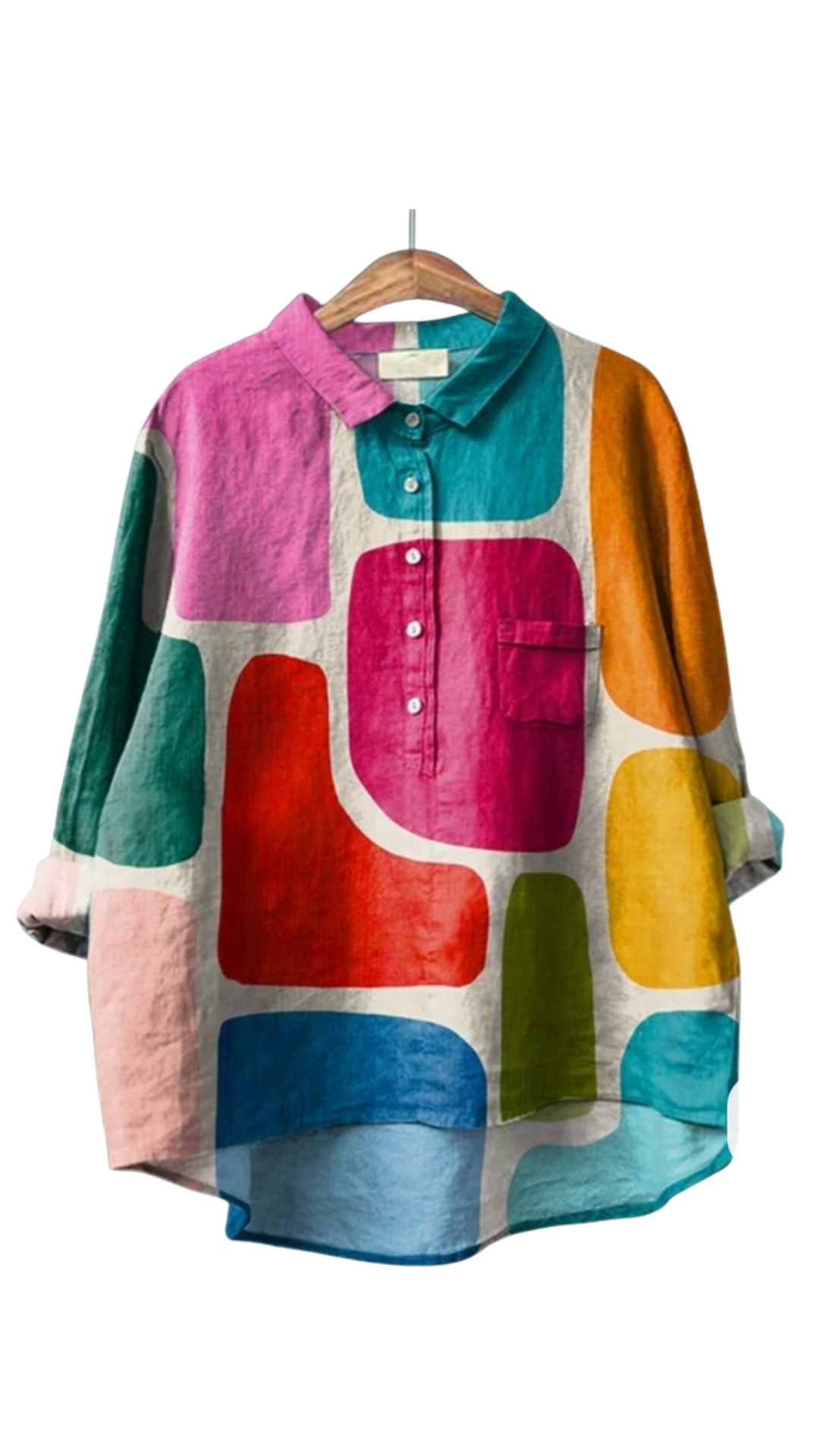 Mood Blocks Shirt oversized with bold colorful rounded blocks and retro hues in a playful patchwork design.
