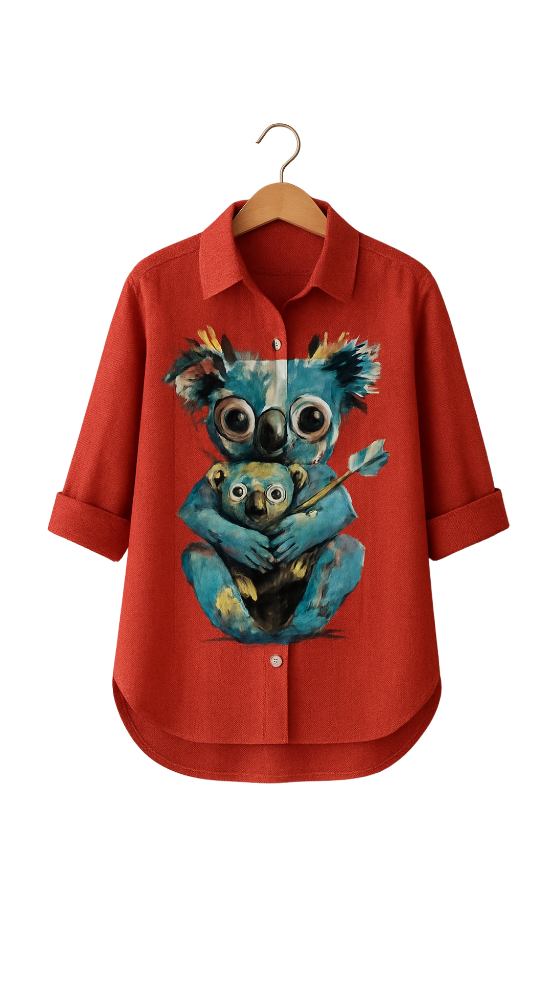 Odd Koalition Shirt rust-red with surreal big-eyed koala clutching mini-me illustration on front.