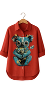 Odd Koalition Shirt rust-red with surreal big-eyed koala clutching mini-me illustration on front.