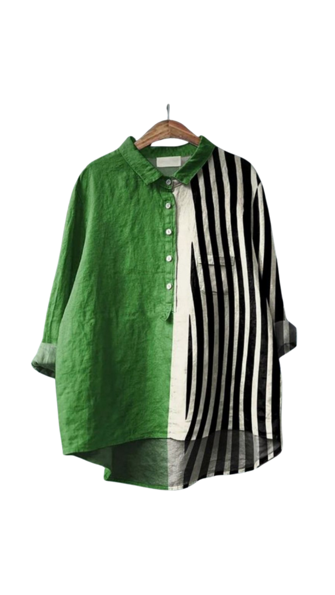 Optical Oddity Shirt with half green solid fabric and half warped black and white vertical stripes design.
