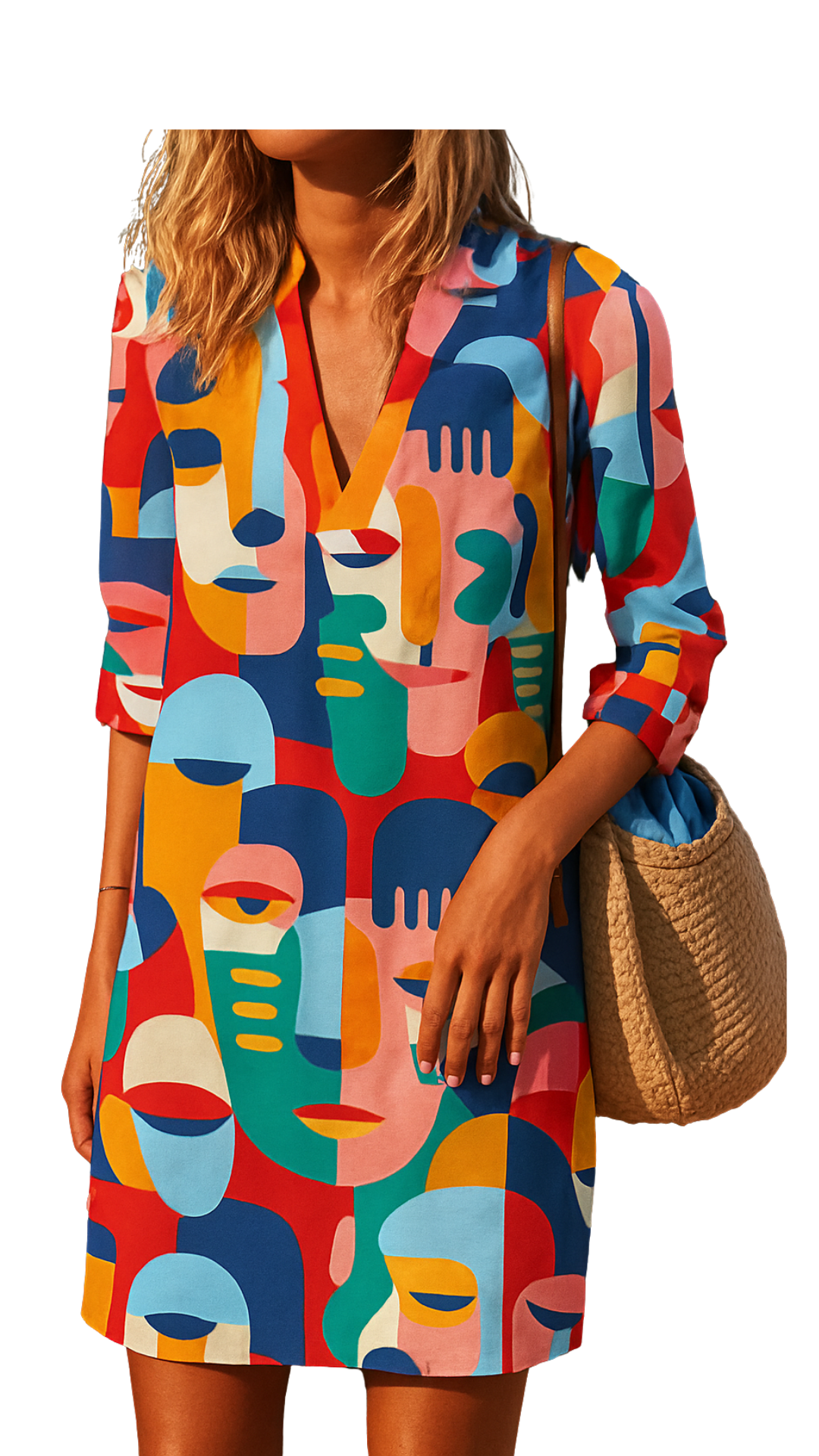 Paint me bold Dress with colorful surreal face prints, knee-length relaxed fit perfect for making a bold statement.