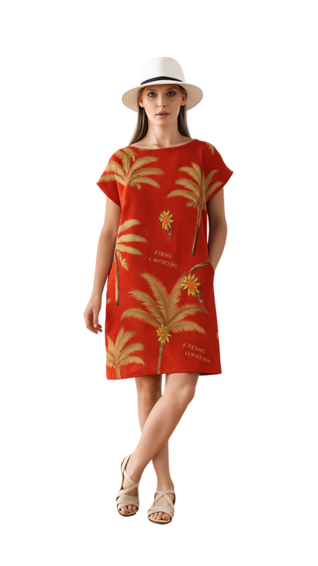 Woman wearing a burnt orange dress with hand-drawn palms titled Palm Before the Storm, paired with white hat and sandals
