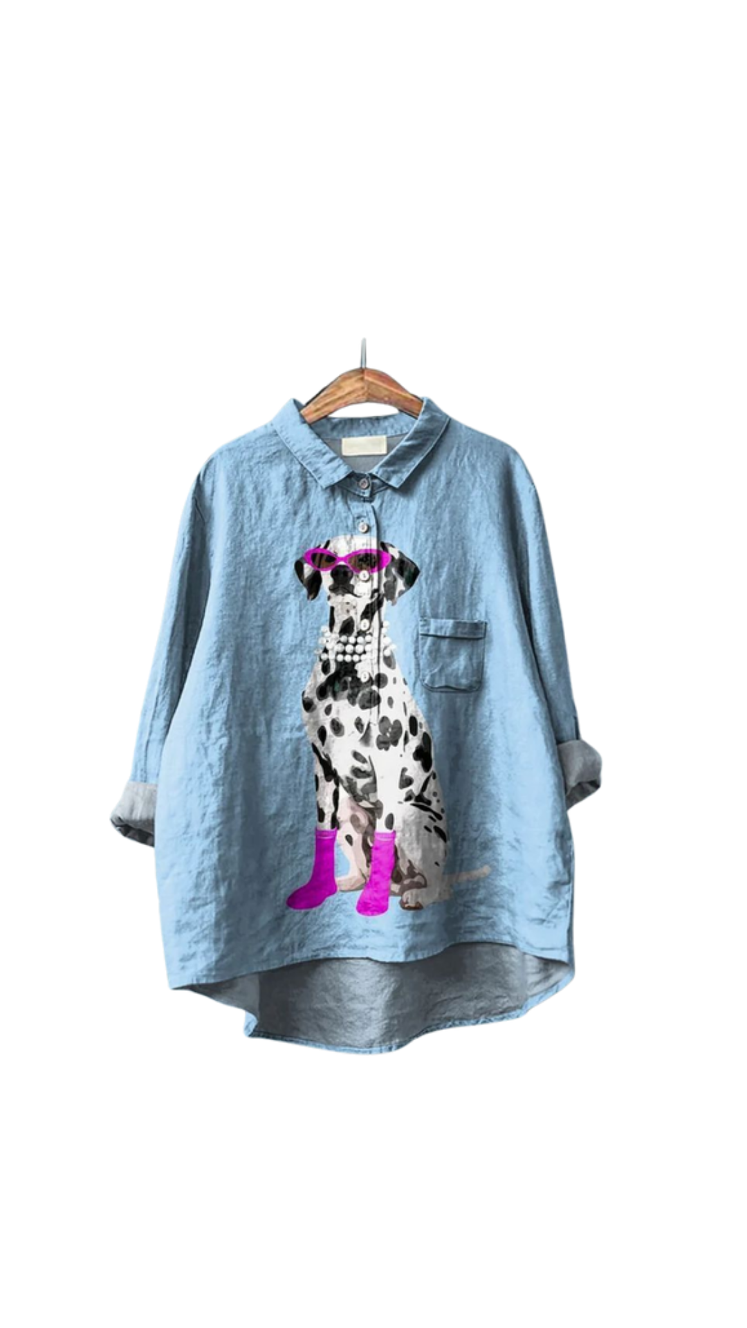 Slaymatian Shirt oversized blue with Dalmatian in pink boots and pearls, perfect for bold fashion lovers.