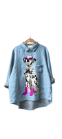 Slaymatian Shirt oversized blue with Dalmatian in pink boots and pearls, perfect for bold fashion lovers.
