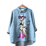 Slaymatian Shirt oversized blue with Dalmatian in pink boots and pearls, perfect for bold fashion lovers.