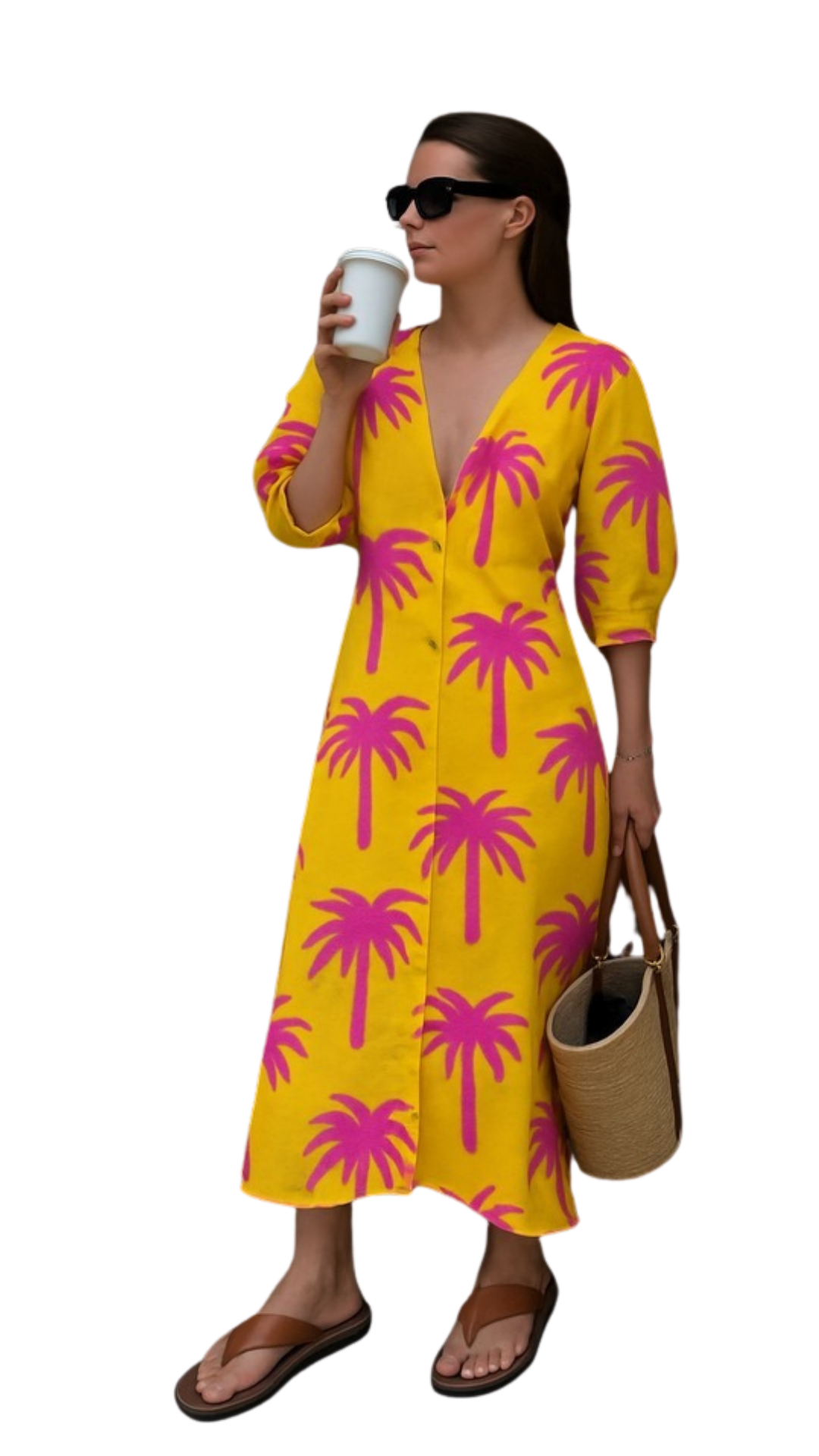 Woman wearing Tropic Like It’s Hot dress with flamingo-pink palms on sunshine-yellow, carrying a woven bag and holding a coffee cup.